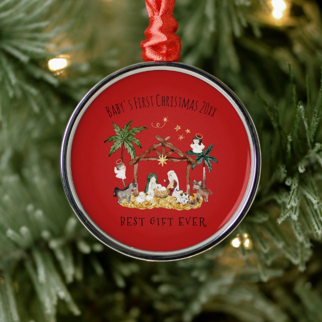 Christian Christmas Watercolor Nativity Red Metal Ornament (Tree)