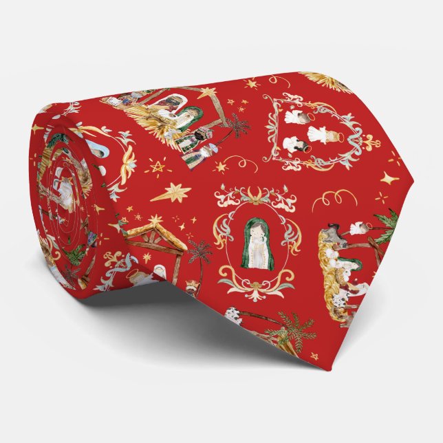 Christian Christmas Watercolor Nativity Red Tie (Rolled)