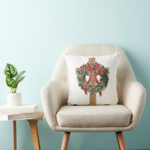 Christian Christmas Wooden Cross with Holly Wreath Throw Pillow