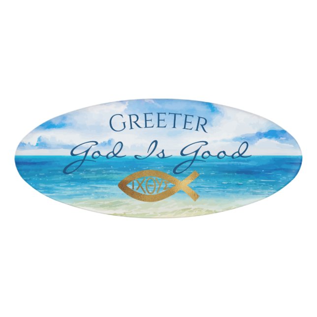 Christian Church Ichthys Ocean Beach Greeter Name Tag (Front)