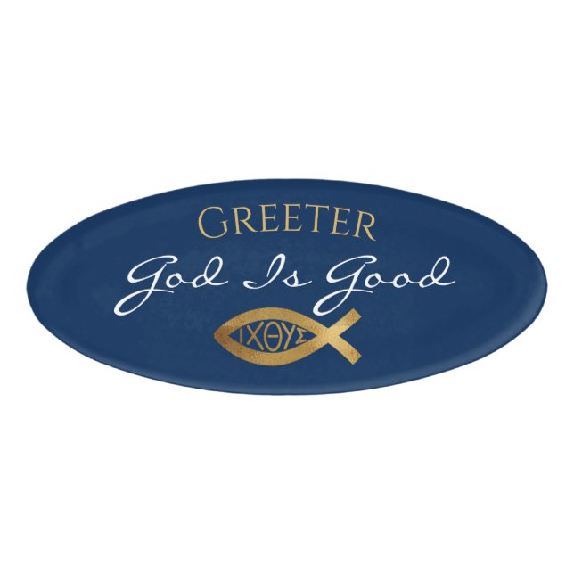 Christian Church Ministry Greeter Ichthys Blue Name Tag (Front)