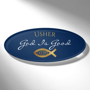 Christian Church Ministry Usher Ichthys Blue Name Tag