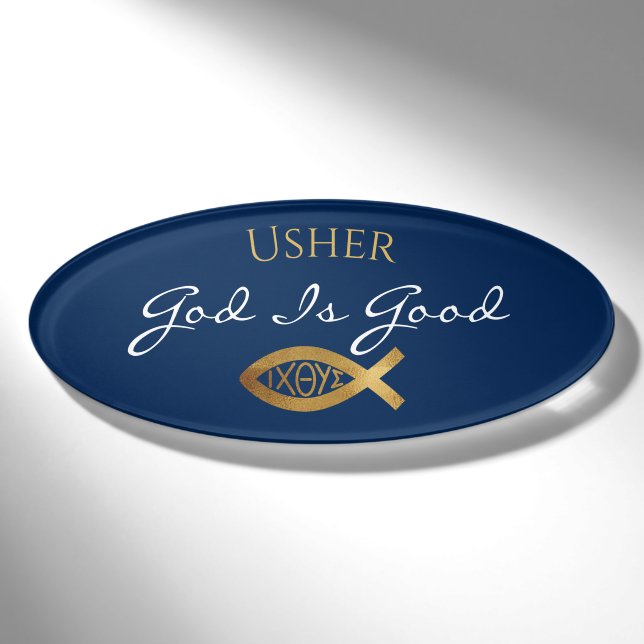 Christian Church Ministry Usher Ichthys Blue Name Tag (Front)