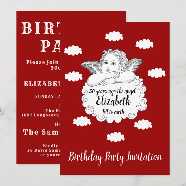 Christian Cloud Angel Happy 50th Birthday Red Invitation (Front/Back)