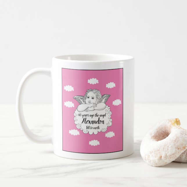 Christian Cloud Angel Happy 60th Birthday Pink Coffee Mug (With Donut)
