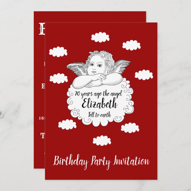 Christian Cloud Angel Happy 70th Birthday Red Invitation (Front/Back)