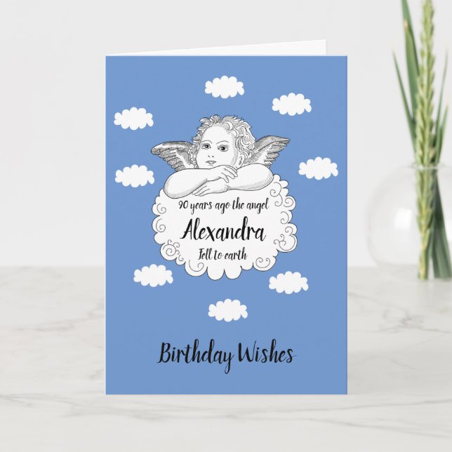 Christian Cloud Angel Happy 90th Birthday Card (Front)