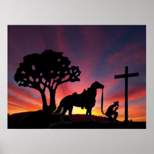 Christian Cowboy at cross Jesus Christ Art Poster