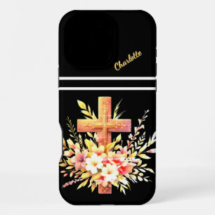 Christian Cross Adorned with Vibrant Spring Blooms iPhone 16 Pro Max Case