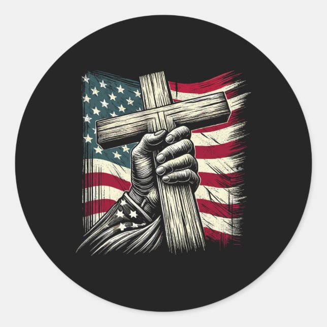 Christian Cross And Usa Flag 4th Of July Jesus  Classic Round Sticker (Front)