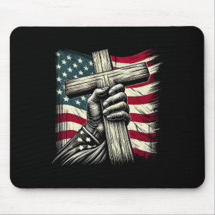 Christian Cross And Usa Flag 4th Of July Jesus  Mouse Pad