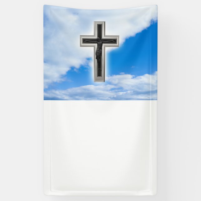 Christian cross at blue sky background banner (Vertical)