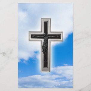 Christian cross at blue sky background flyer