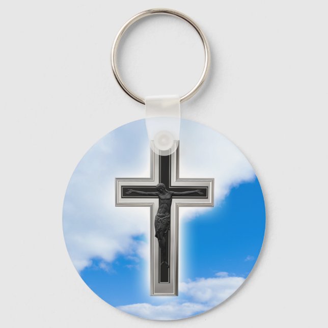 Christian cross at blue sky background keychain (Front)