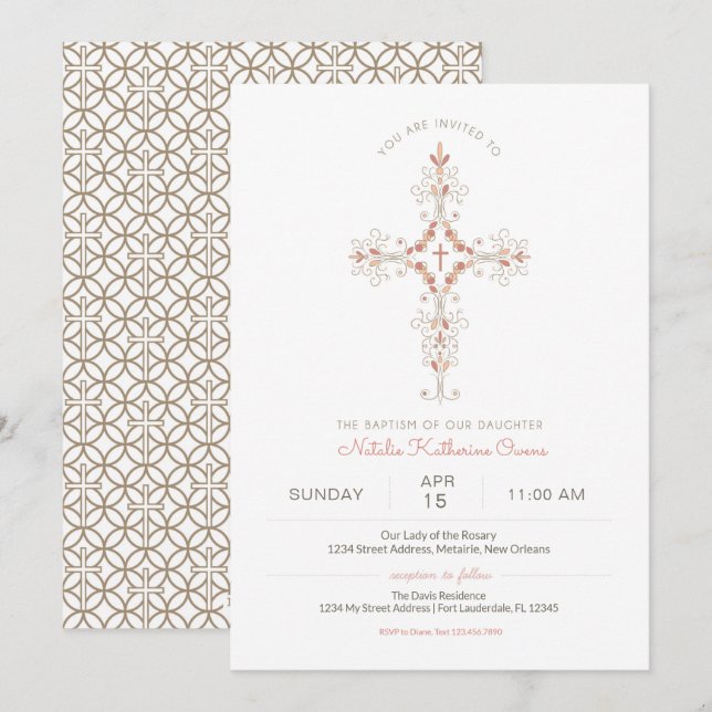 Christian Cross Baby Girl Baptism Invitation (Devant / Derrière)