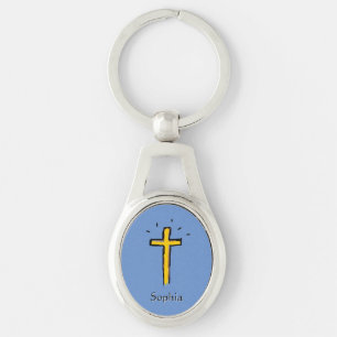 Christian Cross Blue Custom Name  Keychain