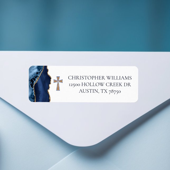 Christian Cross Blue Gold Agate Adresse de retour (Créateur téléchargé)