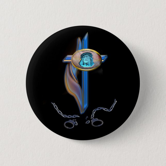 christian cross broken chains 2 inch round button (Front)