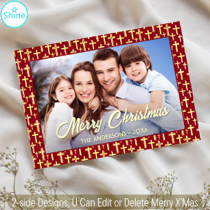 Christian Cross Custom Photo Script Red Christmas Holiday Card