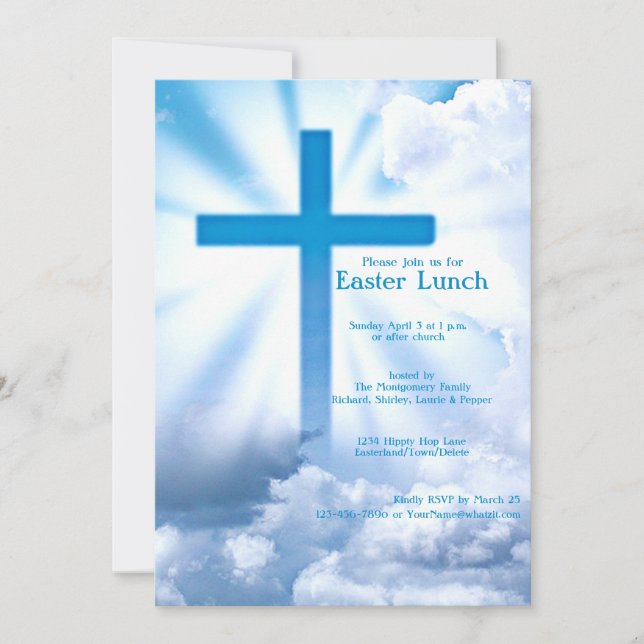 Christian Cross Easter Lunch Blue and White Invitation (Front)