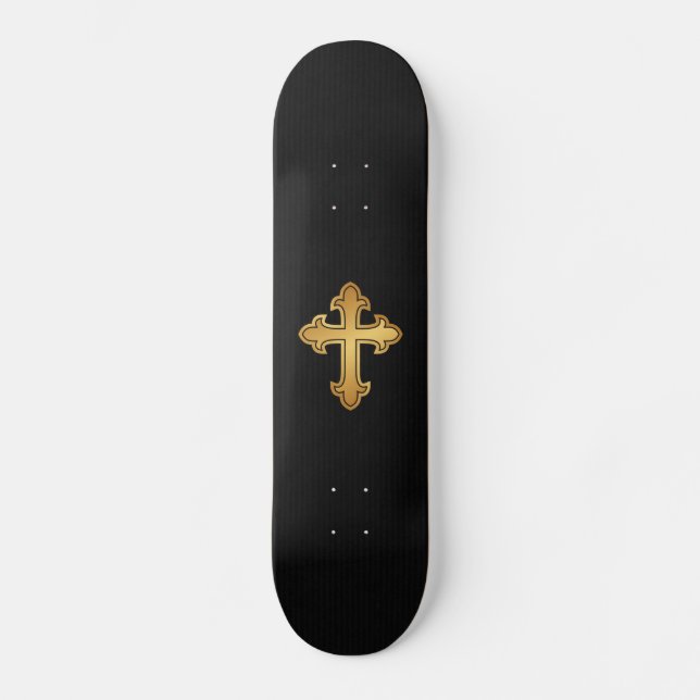 Christian Cross Fleury Gold on Black Skateboard (Front)