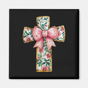 Christian Cross Floral Coquette Bow Pink Religious Magnet