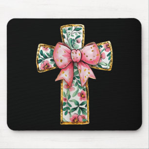 Christian Cross Floral Coquette Bow Pink Religious Mouse Pad