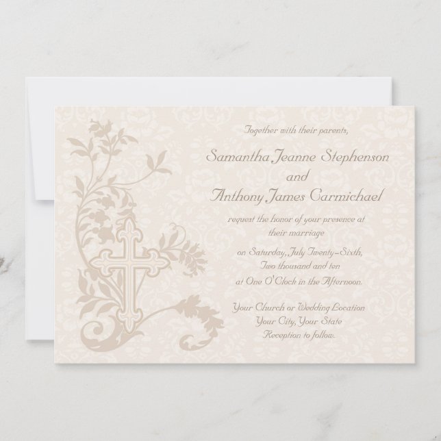 Christian Cross Flourish White Wedding Invitations (Devant)