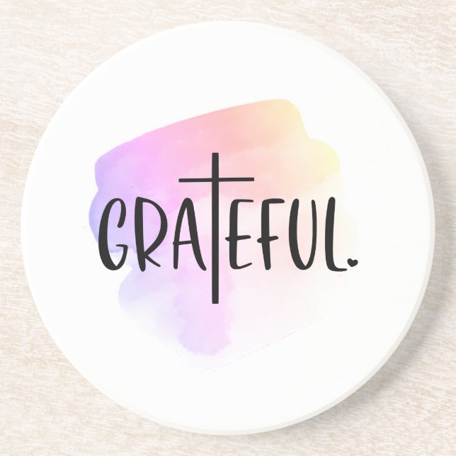 Christian Cross Grateful Typography Sandstone Coaster (Front)