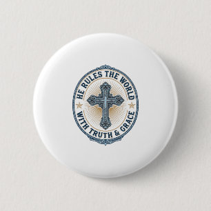 Christian Cross He Rules the World 2 Inch Round Button
