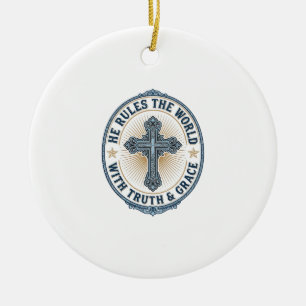 Christian Cross He Rules the World Ceramic Ornament