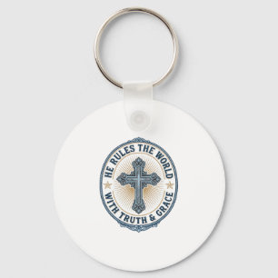 Christian Cross He Rules the World Keychain