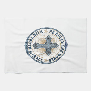 Christian Cross He Rules the World Kitchen Towel