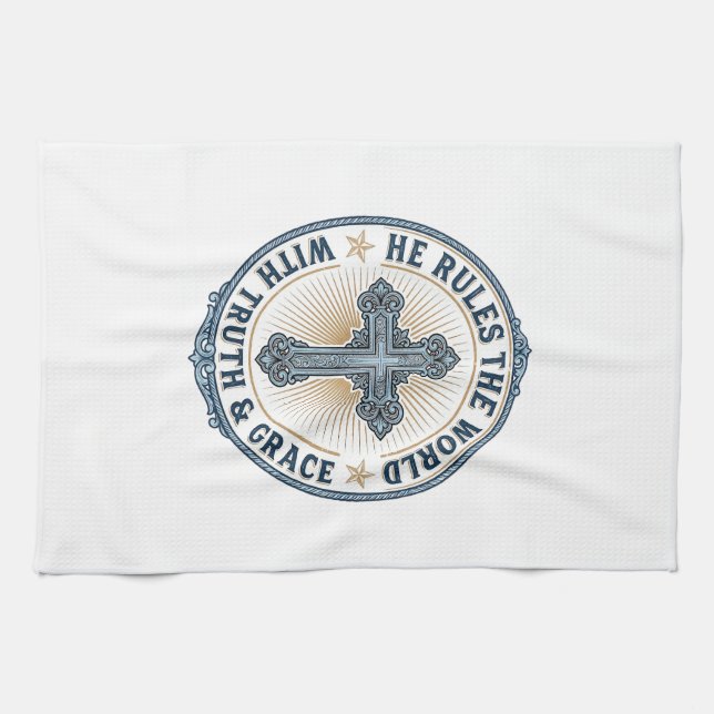 Christian Cross He Rules the World Kitchen Towel (Horizontal)