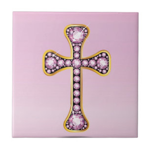 Christian Cross in Gold with Rose Quartz Stones Tile
