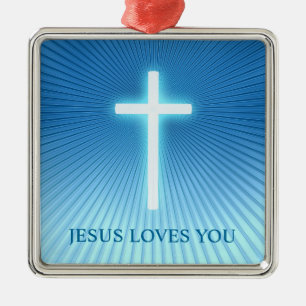 Christian Cross   Jesus Loves You Metal Ornament