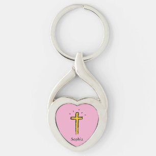 Christian Cross Pink Custom Name  Keychain