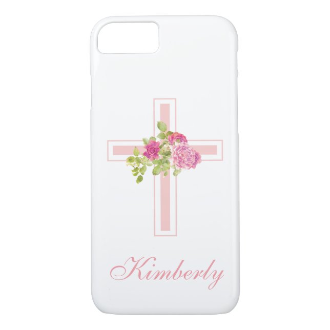 Christian Cross Pink Roses Floral Monogrammed Case-Mate iPhone Case (Back)