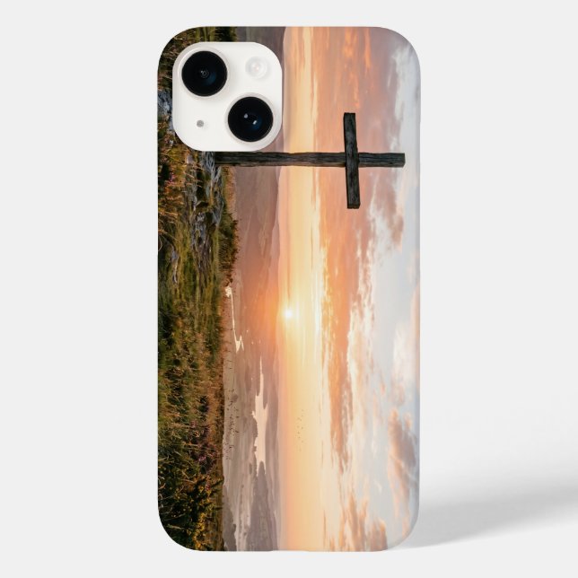 Christian Cross Scenic Hillside Sunset iPhone Case (Back)