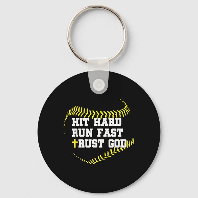 Christian Cross Softball Hit Hard Run Fast Trust Keychain (Front)