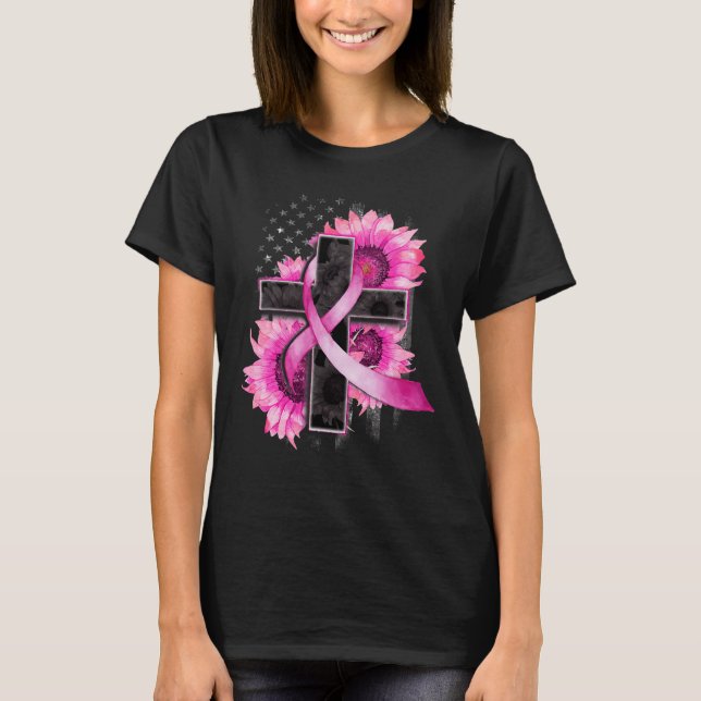 Christian Cross Sunflower Breast Cancer Awareness T-Shirt (Front)