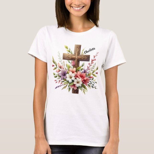 Christian Cross Surrounded by Beautiful Floral Art T-Shirt (Front)