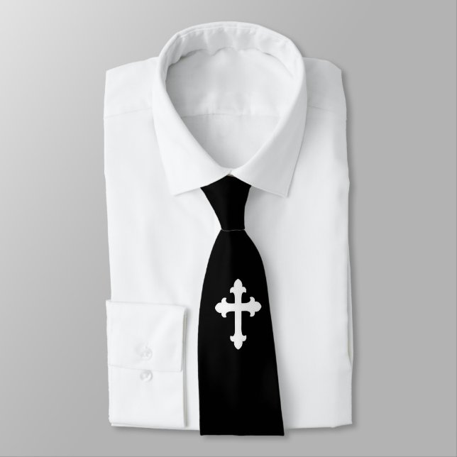 Christian Cross Symbol White Black Tie (Tied)