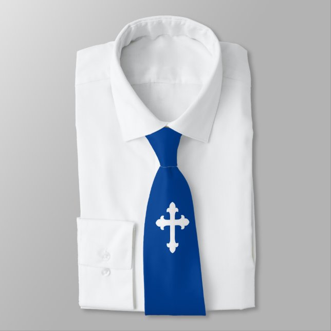 Christian Cross Symbol White Blue Tie (Tied)