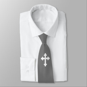 Christian Cross Symbol White Silver Gray Tie