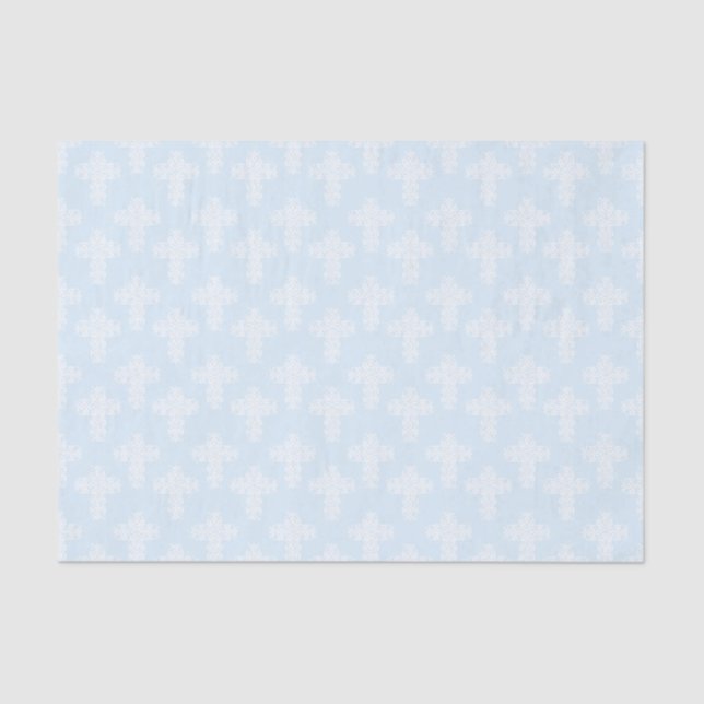Christian Cross White on Blue Damask Pattern Tissue Paper (Front)