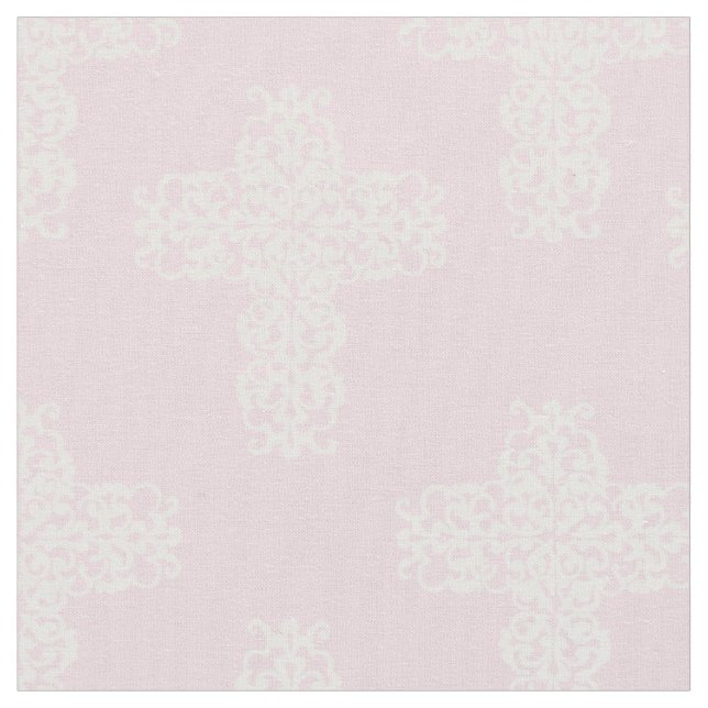 Christian Cross White on Pink Damask Pattern Fabric (Close Up)