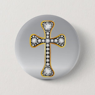 Christian Cross with "Diamond" Stones 2 Inch Round Button