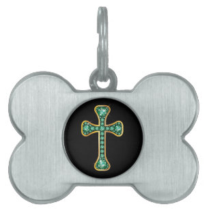 Christian Cross with "Emerald" Stones Pet Tag