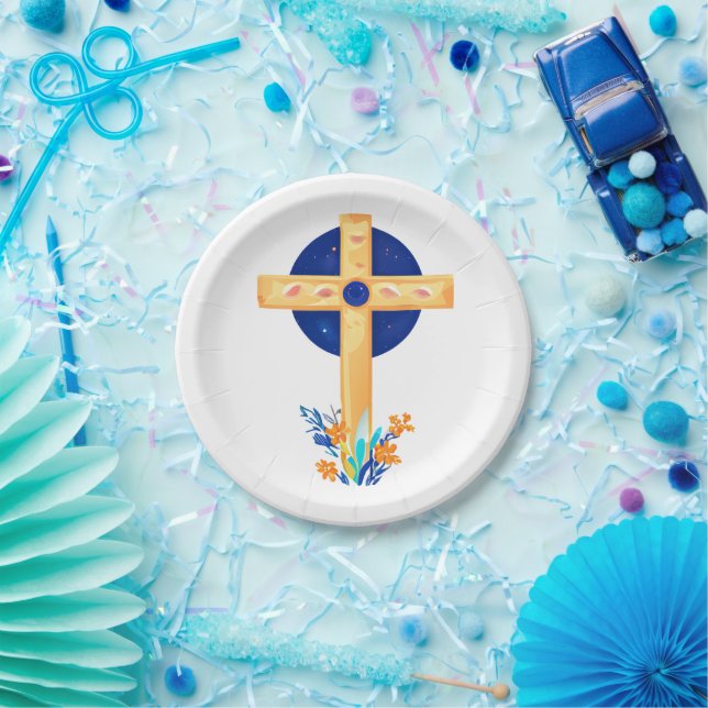 Christian Cross with Flowers Paper Plate (Party)